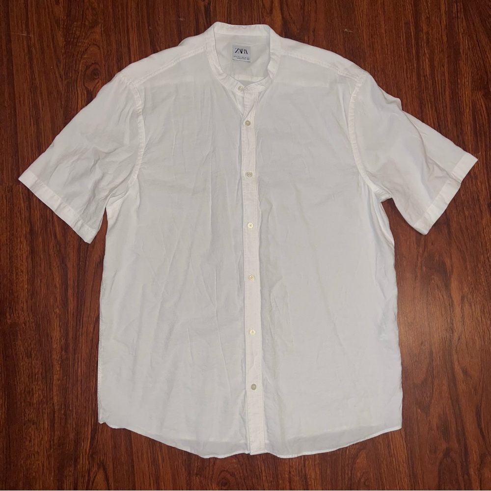 Zara Men’s White Short-Sleeve Button-Down Band Collar Shirt